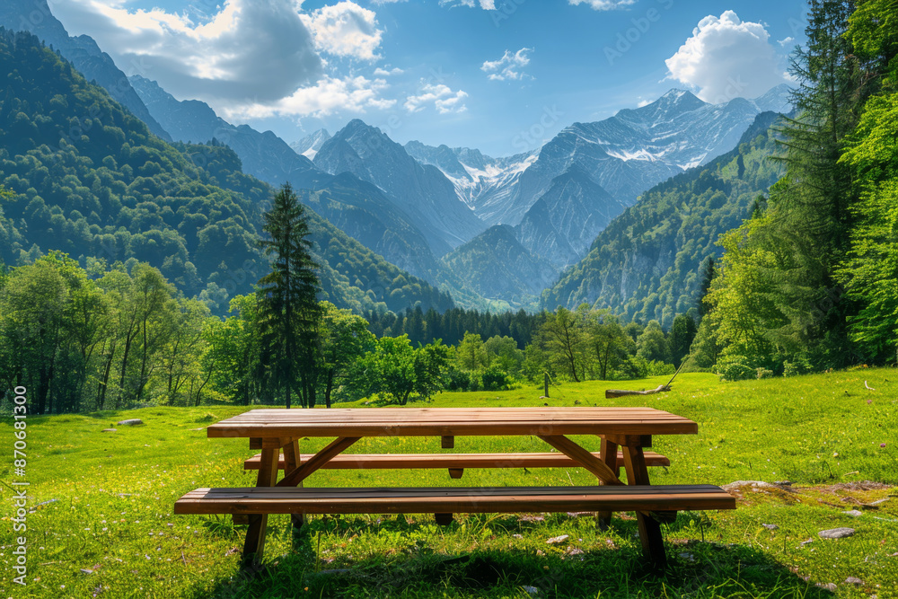 Picnic Table in Front of Majestic Mountain View Picnic Table in Front of Majestic Mountain View