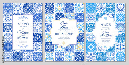 Invitation template. Stylized decorative backgrounds with portuguese tiles azulejos recent vector invitation with place for text