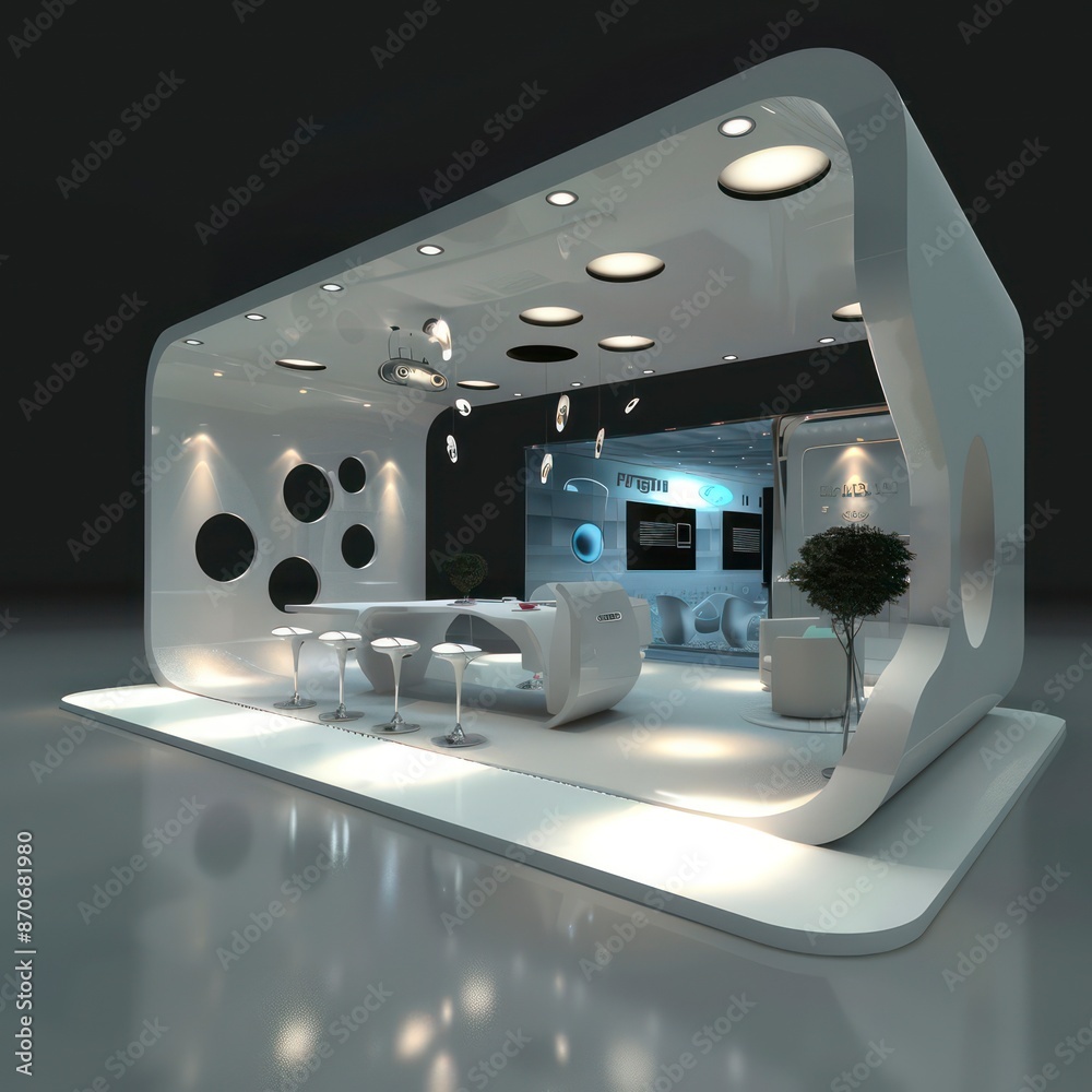Modern exhibition design, 6x8 sqm, with two open sides, showcasing the latest technology and offering an innovative space for engaging presentations and displays. Modern exhibition design, 6x8 sqm, with two open sides, showcasing the latest technology and offering an innovative space for engaging presentations and displays.