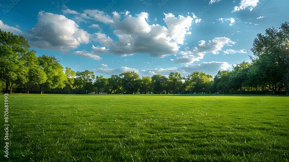 A large grassy field with trees on the edges, a blue sky and white clouds in the background, a wide green space, a wide angle lens showing a green meadow, a park landscape. A large grassy field with trees on the edges, a blue sky and white clouds in the background, a wide green space, a wide angle lens showing a green meadow, a park landscape.