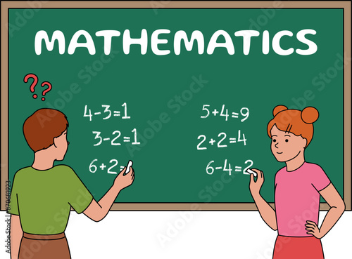 Little schoolchildren solve a mathematical problem with chalk on a blackboard. Vector illustration of a boy and a girl in flat style isolated on a white background.
