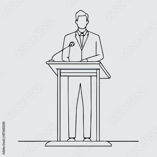 continuous single line drawing of a speaker at a lectern