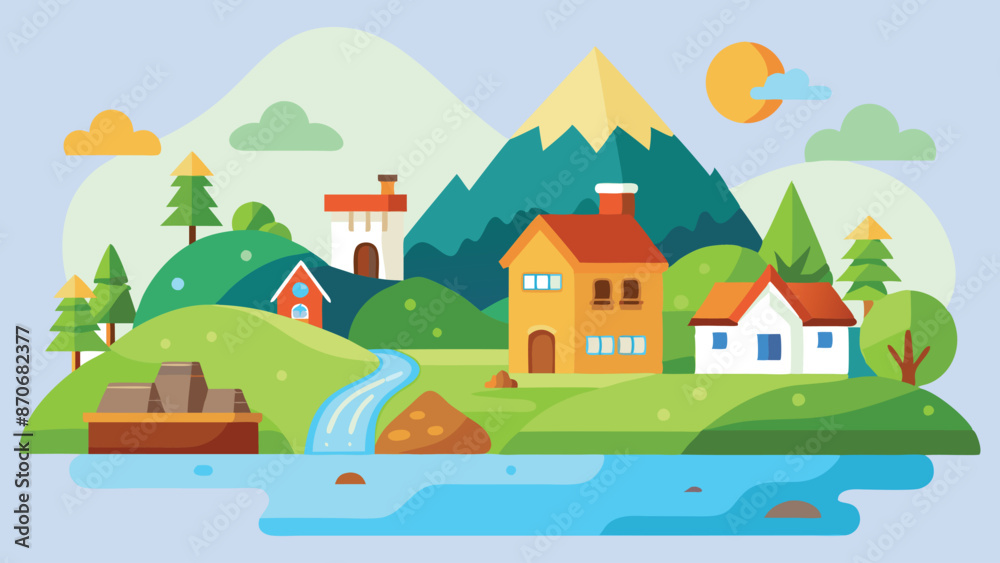 2D Cartoon Village Nature Background Vector Illustration. 2D Cartoon Village Nature Background Vector Illustration.