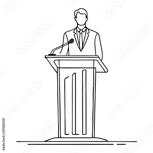 continuous single line drawing of a speaker at a lectern
