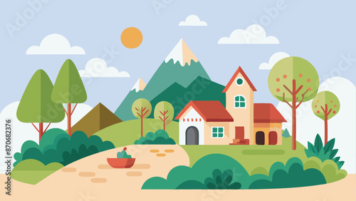 2D Cartoon Village Nature Background Vector Illustration.