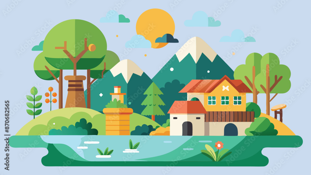 2D Cartoon Village Nature Background Vector Illustration. 2D Cartoon Village Nature Background Vector Illustration.