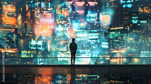 Wallpaper Mural A digital businessman uses a computer to navigate the internet, showcasing modern technology and networking in a dynamic business environment. Torontodigital.ca