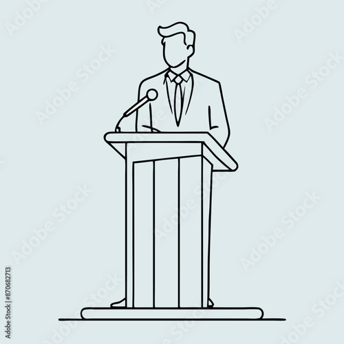 continuous single line drawing of a speaker at a lectern