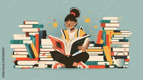 Illustration of a woman reading a book while surrounded by stacks of books, emphasizing learning, education, and knowledge.