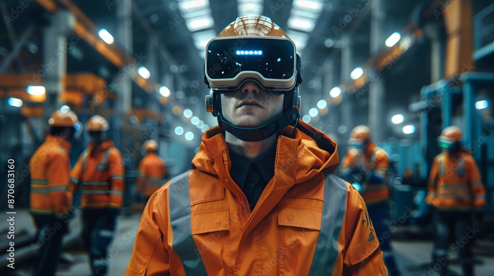 A man in an orange safety jacket and helmet is wearing virtual reality glasses while standing inside the plant, surrounded by machines and equipment, working environment. A man in an orange safety jacket and helmet is wearing virtual reality glasses while standing inside the plant, surrounded by machines and equipment, working environment.