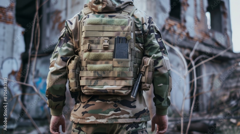 Fototapeta premium Soldier with tactical backpack in abandoned building, military concept