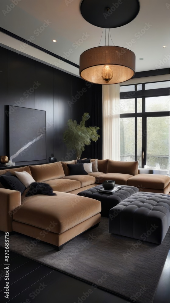 Modern Living Room with Sectional Sofa and Plush Ottomans Modern Living Room with Sectional Sofa and Plush Ottomans