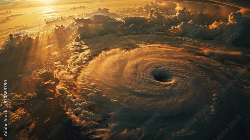 An aerial view of a hurricane's eye over Florida, surrounded by towering storm clouds and fierce winds, depicting the raw power and fury of nature.