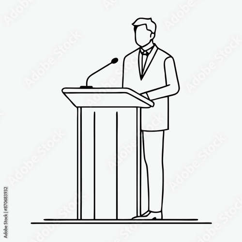 continuous single line drawing of a speaker at a lectern