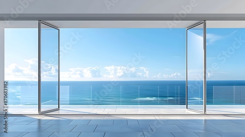 Sleek glass balcony doors open to reveal a breathtaking ocean vista, 3D rendering illustration showcasing isolated clear glass doors within a crisp white wall.
