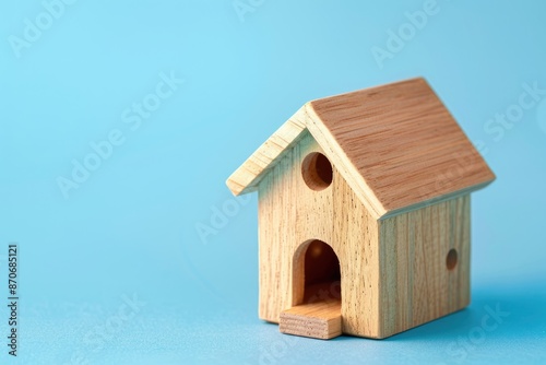 Building different wood house model on blue background   managing property investment concept © darshika