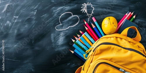 Yellow Backpack with School Supplies Against a Blackboard Background for Back to School Concept, Generative AI photo