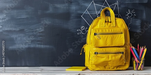 Yellow Backpack with School Supplies Against a Blackboard Background for Back to School Concept, Generative AI