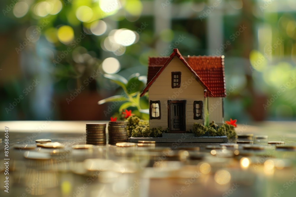 custom made wallpaper toronto digitalMoney and miniature house. Finance and investment. Miniature house and stack of coins on wood table.
