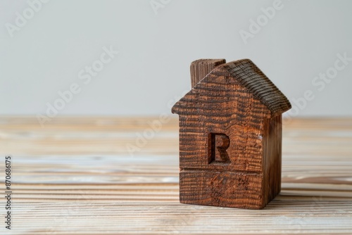 odels of a wooden house. Word remortgage on wooden block photo