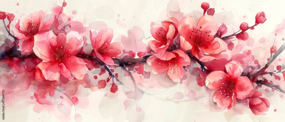 Traditional Japanese ink wash painting showing pink flowers in bloom, evoking the beauty of spring and natural floral elegance. Traditional Japanese ink wash painting showing pink flowers in bloom, evoking the beauty of spring and natural floral elegance.