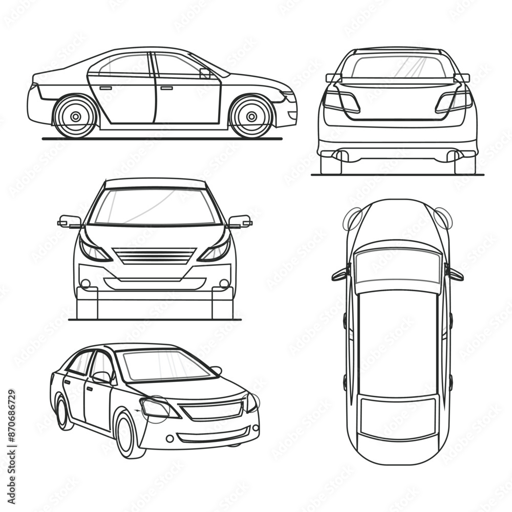 Obraz premium car in different view. Side view, front view, back view, top view. line art