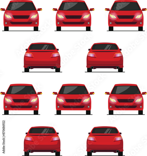 a pattern of red sedan car in front and back view flat illustration