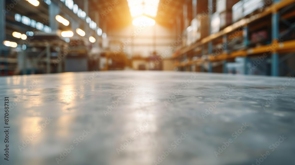 Fototapeta premium Industrial warehouse interior with concrete floor, illuminated by sunlight, featuring shelves and racks loaded with various items.