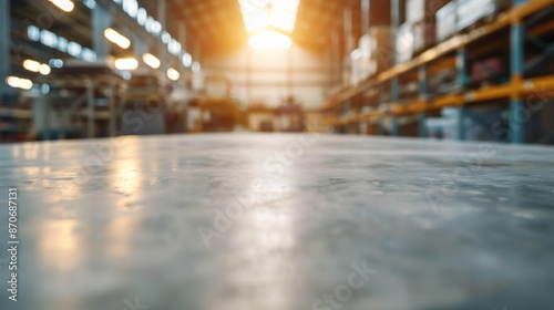 Industrial warehouse interior with concrete floor, illuminated by sunlight, featuring shelves and racks loaded with various items.