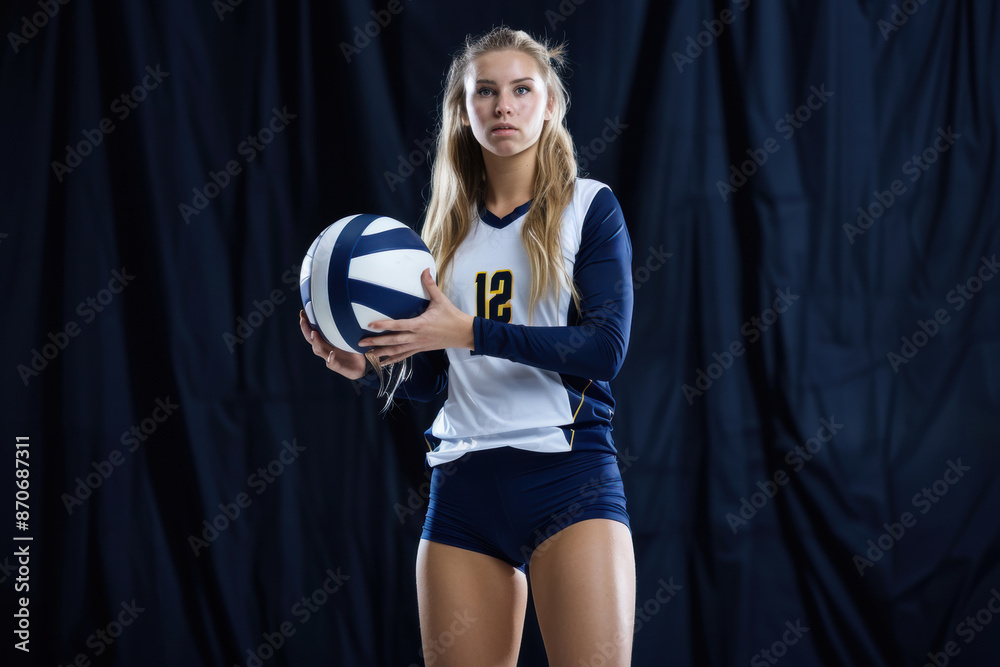 A young female volleyball player stands confidently with a volleyball in her hands. She is dressed in a team uniform and appears focused and ready for the game. A young female volleyball player stands confidently with a volleyball in her hands. She is dressed in a team uniform and appears focused and ready for the game.