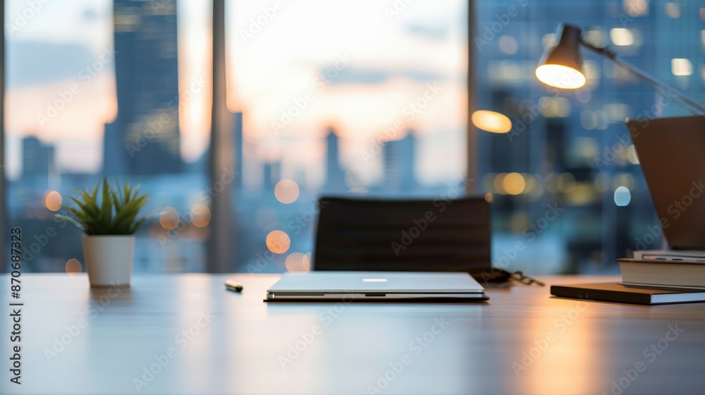 Modern office desk with laptop, books, and lamp overlooking a cityscape at sunset, evoking productivity and tranquility. Modern office desk with laptop, books, and lamp overlooking a cityscape at sunset, evoking productivity and tranquility.
