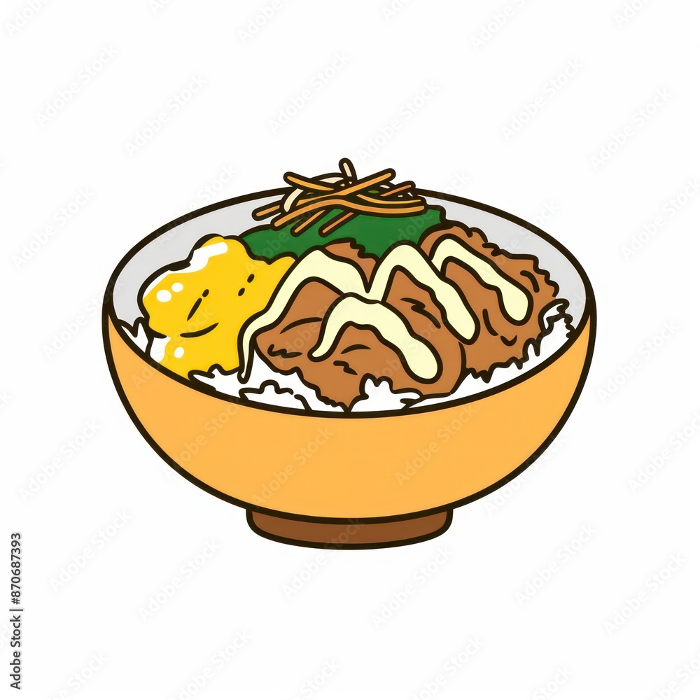 A food logo design of a katsudon bowl, drawn in a simple, flat style against a white background for clarity and impact. A food logo design of a katsudon bowl, drawn in a simple, flat style against a white background for clarity and impact.