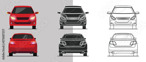 a red sedan car in front and back view flat illustration, silhouette, line art