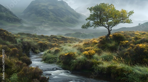 A serene photograph captures a winding brook meandering through the Scottish Highlands, bordered by wild gorse and bracken. photo