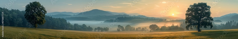 A panoramic of a forest and mountain landscape, capturing the essence of nature with green grass and trees, showcasing serene natural beauty. A panoramic of a forest and mountain landscape, capturing the essence of nature with green grass and trees, showcasing serene natural beauty.