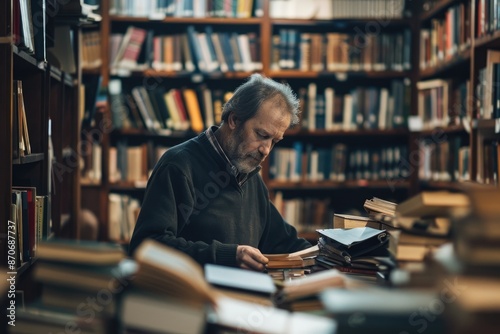 A man reading in a serene library, surrounded by shelves of books, creating a warm and inviting ambiance AIG58 photo