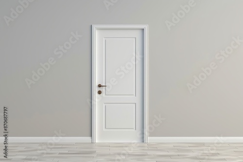 Doors for modern interior. Closed wooden door, metallic handle in the empty room. Copy space. Panel door, gray wall, white baseboard and wood floor. Element of apartment design. Swing interior door.