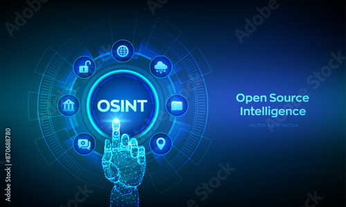 Open source intelligence. OSINT. Open data access. Open source analysis. Cyber analytics. Data gathering. Open data database. Wireframe hand touching digital interface. Vector illustration.