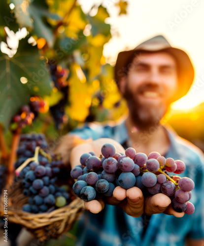 A winemaker smiles as he touches a bunch of grapes. AI generative.