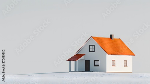 A simple white house with a orange roof is isolated on the left side of an empty light White background, presented in a flat lay style.