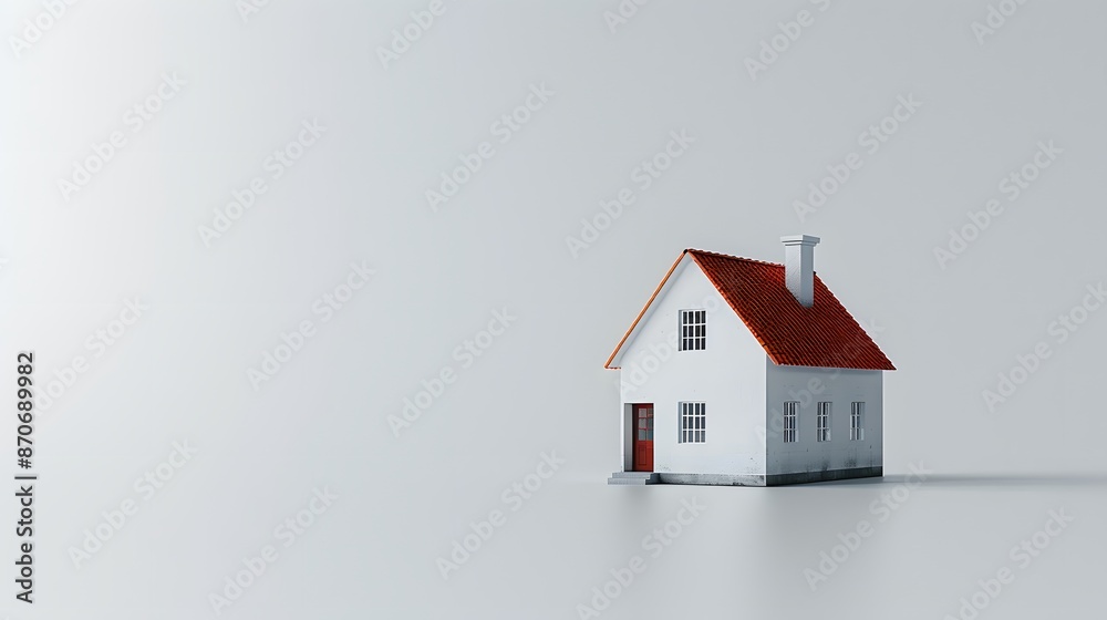 A simple white house with a orange roof is isolated on the left side of an empty light White background, presented in a flat lay style. A simple white house with a orange roof is isolated on the left side of an empty light White background, presented in a flat lay style.