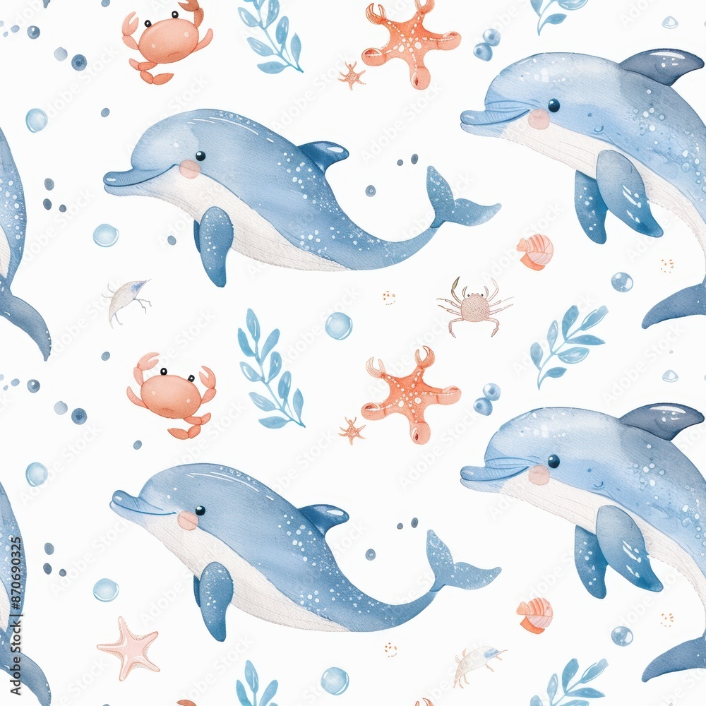 Playful Ocean Friends Seamless Pattern with Adorable Dolphins and Crabs Playful Ocean Friends Seamless Pattern with Adorable Dolphins and Crabs