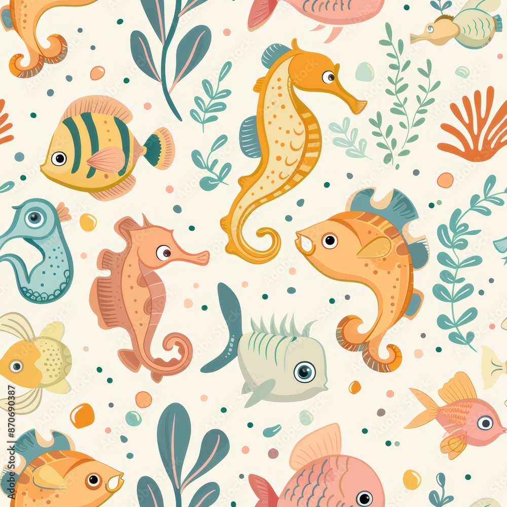 Playful Underwater Delights - Whimsical Fish and Seahorses Seamless Pattern in Cute Illustration