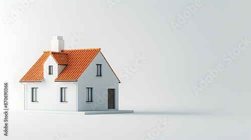 A simple white house with a orange roof is isolated on the left side of an empty light White background, presented in a flat lay style.