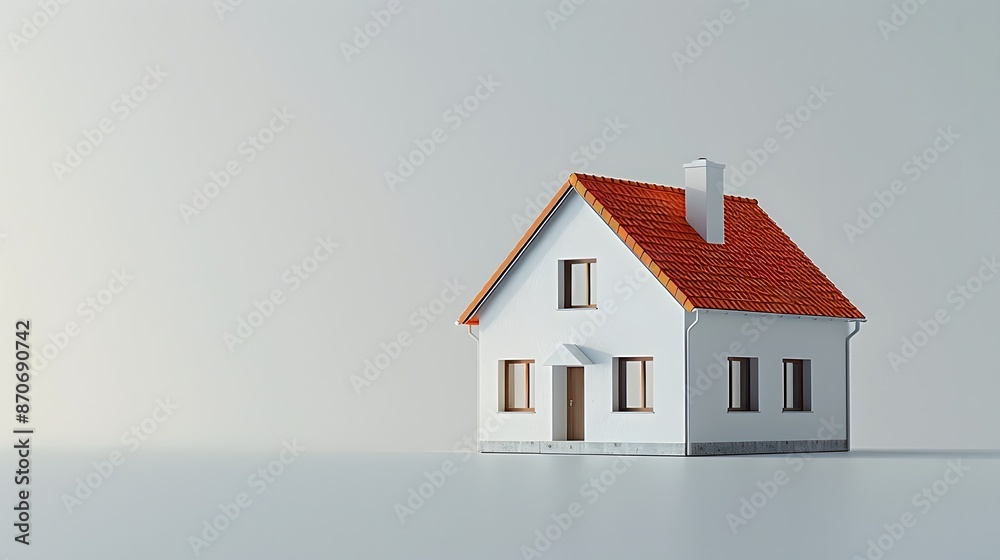 A simple white house with a orange roof is isolated on the left side of an empty light White background, presented in a flat lay style. A simple white house with a orange roof is isolated on the left side of an empty light White background, presented in a flat lay style.