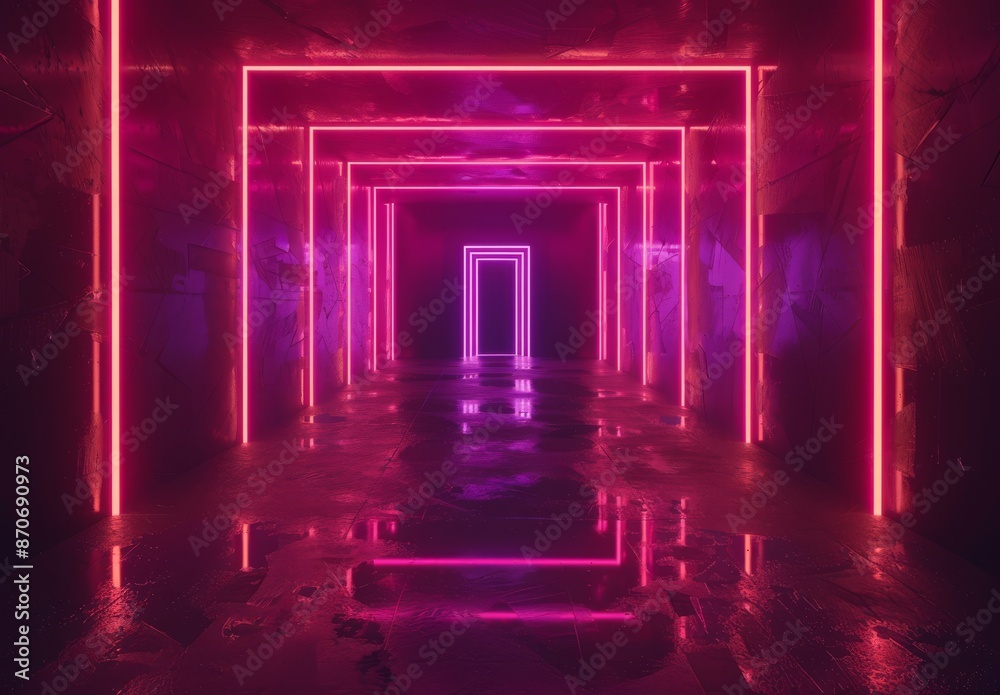 3D abstract neon background, glowing rectangular frame in cyberspace, fantastic scene in virtual reality, road between wall blocks at night 3D abstract neon background, glowing rectangular frame in cyberspace, fantastic scene in virtual reality, road between wall blocks at night