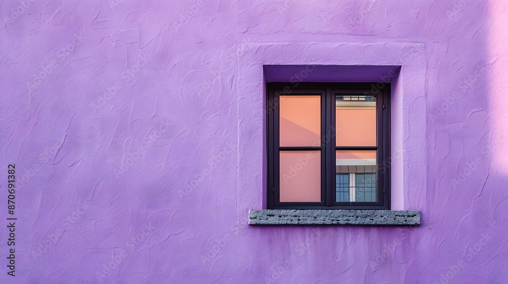 Fototapeta premium A sleek, black window frame contrasts strikingly with a soft lavender-colored wall, offering a modern and elegant aesthetic.