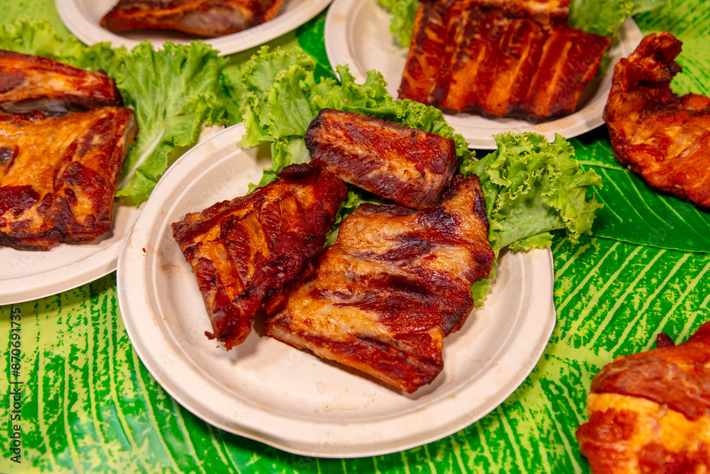 Grilled pork meat in the market Grilled pork meat in the market
