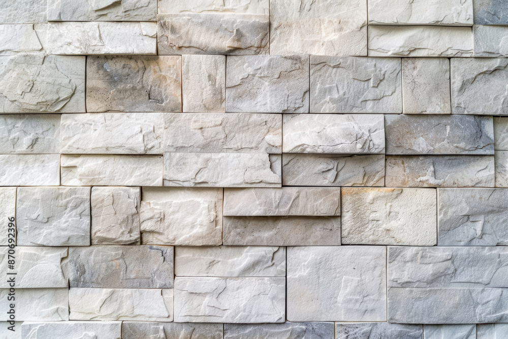 Fototapeta premium Close-up of a textured stone wall with layered rectangular blocks in various shades of gray and white, showcasing natural patterns and details.