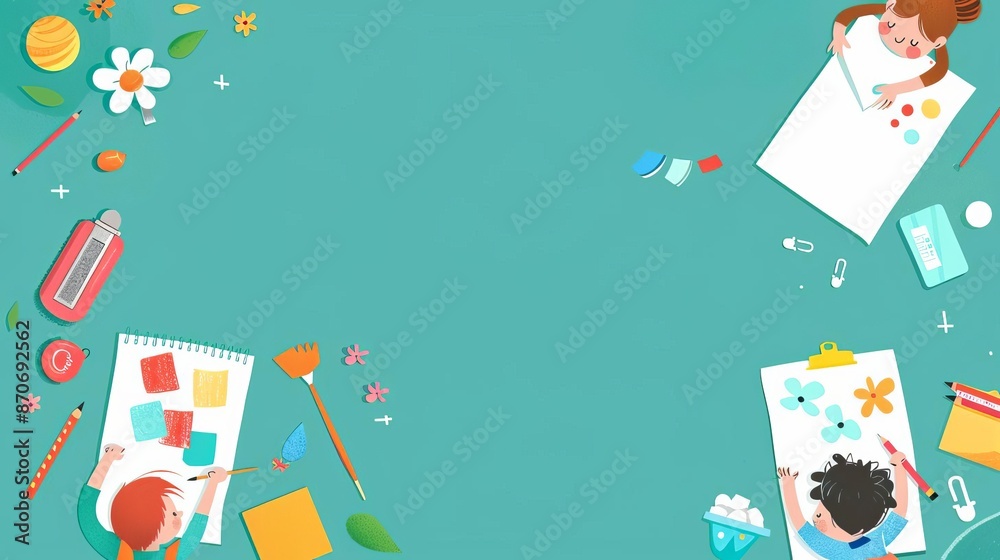 Fototapeta premium Top view of children's creative art session with kids painting and drawing on a blue background surrounded by colorful stationery items.